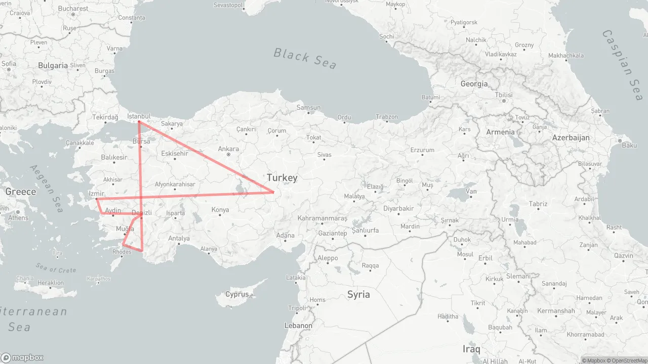 Route map for 14 Days Fam Trip in Turkey: Istanbul → Cappadocia → Izmir → Ephesus → Pamukkale → Aphrodisias → Marmaris → Fethiye