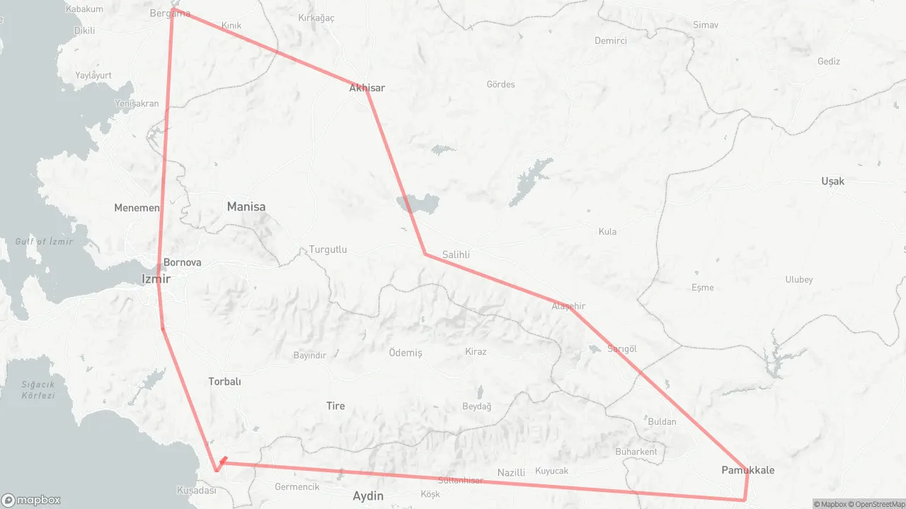 Route map for 7 Churches of Revelation Tour: Izmir Adnan Menderes Airport → Smyrna → Pergamon → Thyatira → Sardis → Philadelphia → Pamukkale → Laodicea → Ephesus → Basilica of St. John → House of Virgin Mary