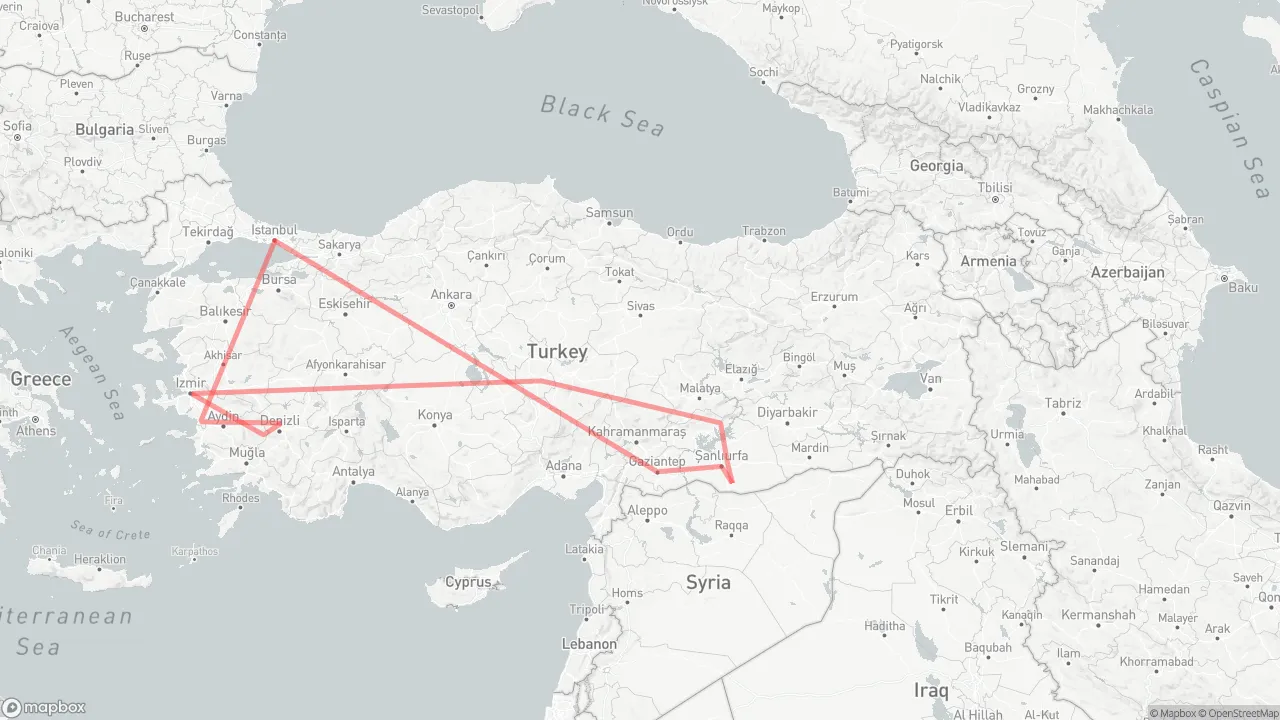Route map for Ancient Paths of Turkey: Istanbul → Ephesus → Pamukkale → Aphrodisias → Izmir → Cappadocia → Mount Nemrut → Gobeklitepe → Harran → Sanliurfa → Gaziantep