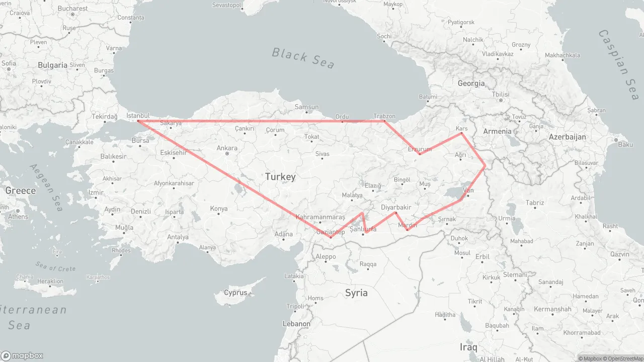 Route map for Eastern Turkey Tour: Istanbul → Gaziantep → Mount Nemrut → Gobeklitepe → Diyarbakir → Mardin → Hasankeyf → Akdamar Island → Ishak Pasha Palace → Kars → Erzurum → Trabzon