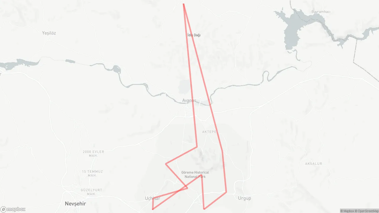 Route map for Explore Cappadocia in 2 Days: Pigeon Valley → Uchisar Castle → Goreme Open Air Museum → Love Valley → Pasabag Valley → Ozkonak Underground City → Imagination Valley → Urgup Fairy Chimneys → Ortahisar Castle → Red Valley