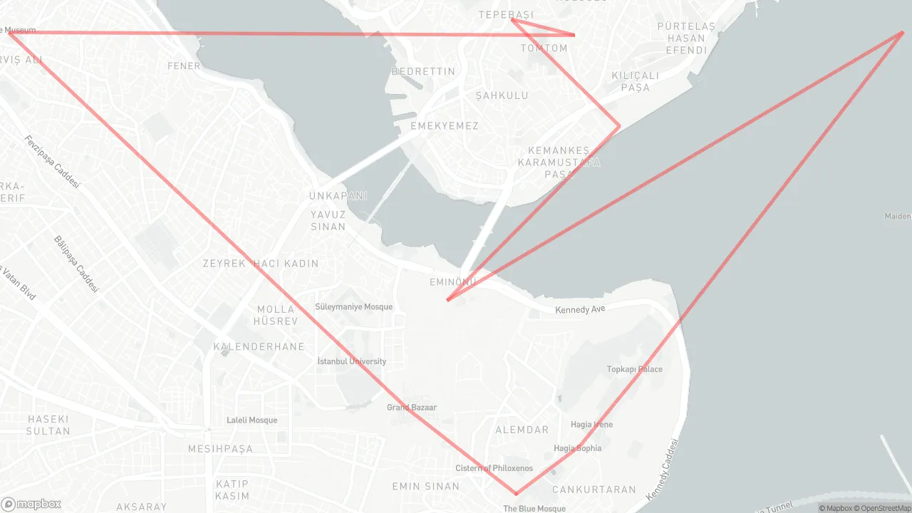 Route map for Explore Istanbul in 4 Days: Hippodrome of Constantinople → Hagia Sophia → Topkapi Palace → Bosphorus Cruise → Spice Market → Istanbul Modern Museum → Pera Museum → Museum of Innocence → Chora Mosque → Grand Bazaar