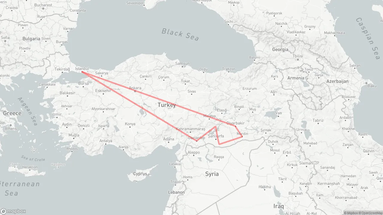 Route map for Explore South East Anatolia: Istanbul → Gaziantep → Mount Nemrut → Gobeklitepe → Harran → Mardin → Diyarbakir