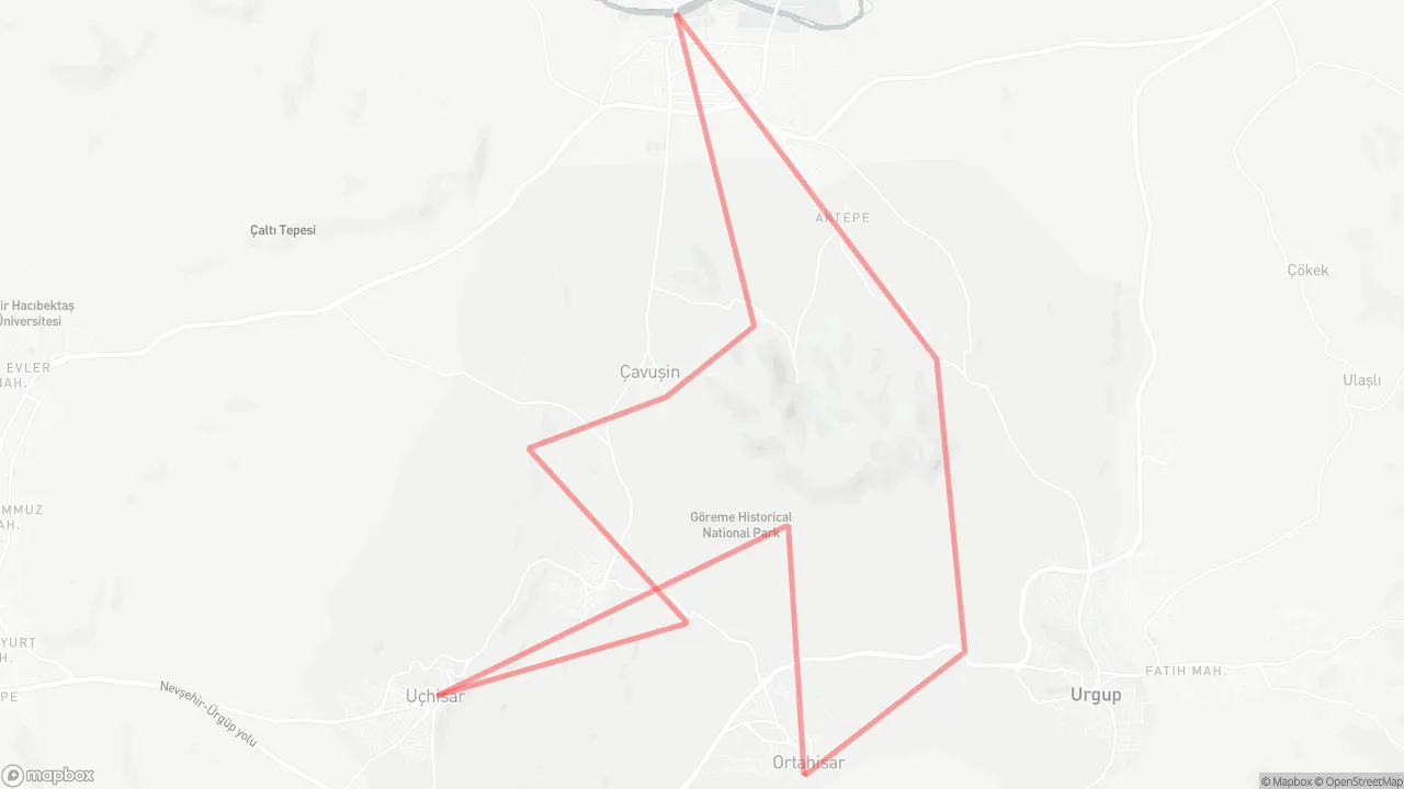 Route map for Fam Trip in Cappadocia: Uchisar Castle → Goreme Open Air Museum → Love Valley → Cavusin Village → Pasabag Valley → Avanos Town & Red River → Imagination Valley → Urgup Fairy Chimneys → Ortahisar Castle → Red Valley