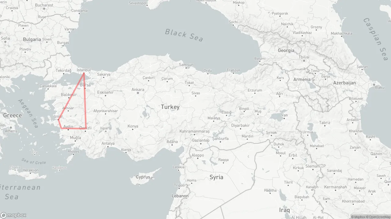 Route map for Fam Trip Istanbul and Ephesus: Istanbul → Izmir → Ephesus → Pamukkale