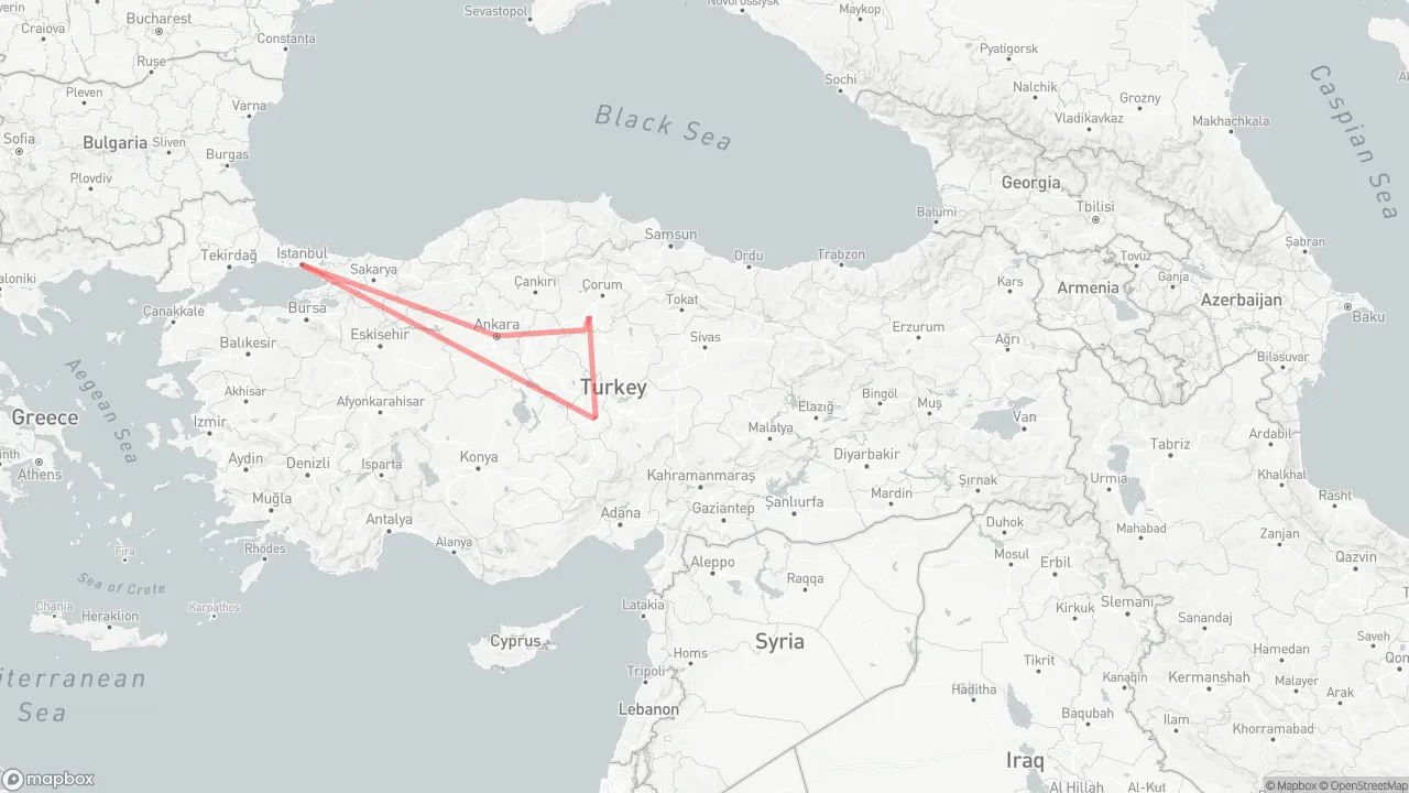Route map for Footsteps of Hittites: Istanbul → Ankara → Hattusha → Alacahoyuk → Cappadocia
