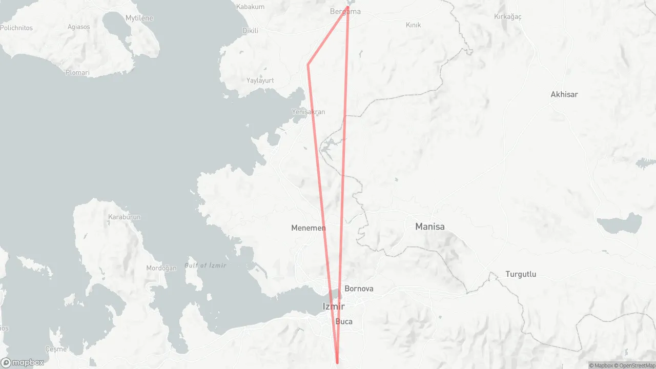 Route map for Olive Harvest & Pergamon Tour: Izmir Adnan Menderes Airport → Tekkedere Village → Pergamon