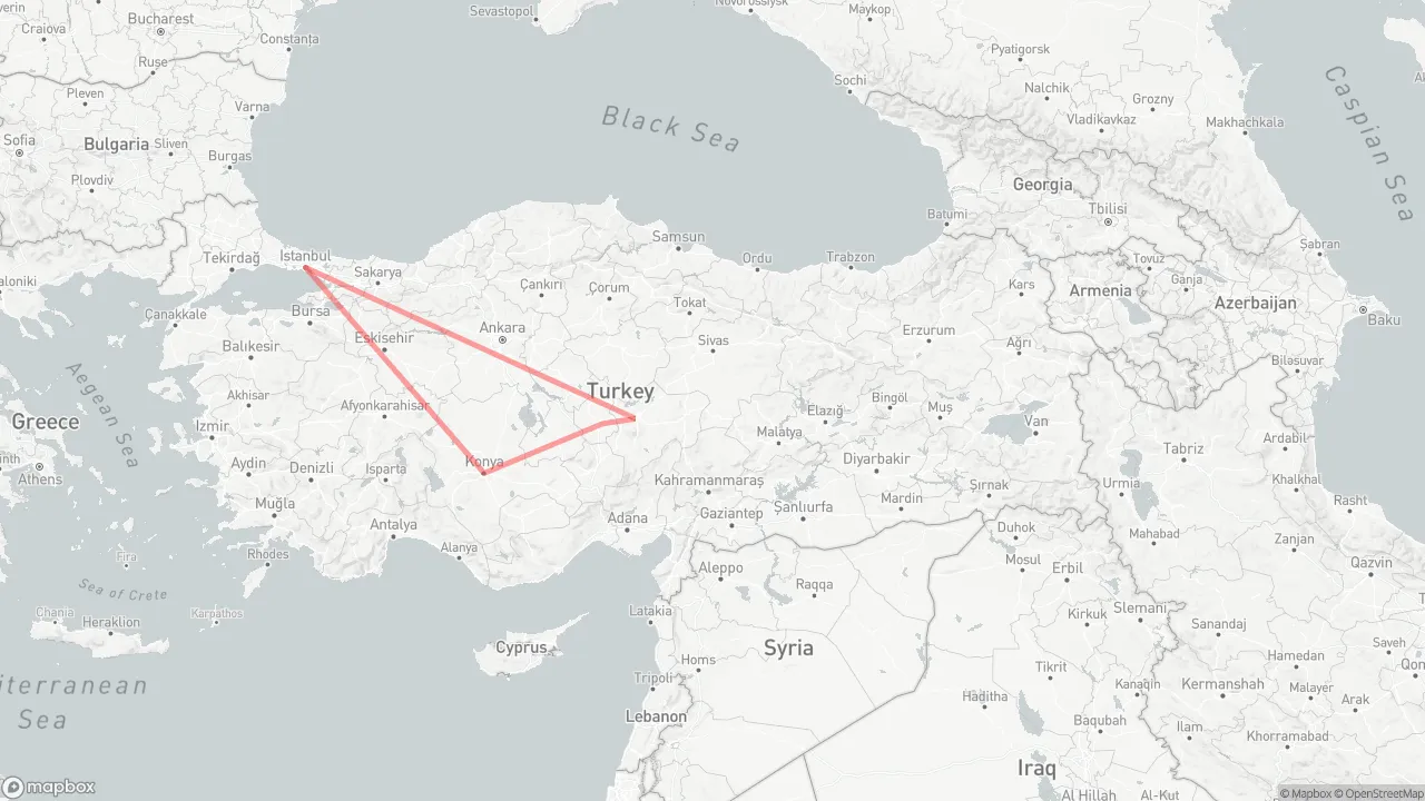 Route map for Seljukian Trail: Istanbul → Kayseri → Cappadocia → Konya