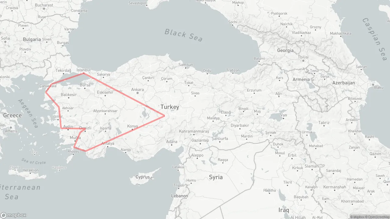 Route map for Turkey in 14 Days: Istanbul → Gallipoli → Troy → Pergamon → Ephesus → Pamukkale → Aphrodisias → Marmaris → Fethiye → Cappadocia