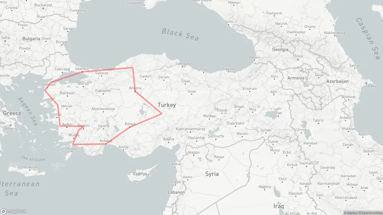 Route map for Ultimate Turkey Tour: Istanbul → Gallipoli → Troy → Pergamon → Ephesus → Pamukkale → Aphrodisias → Marmaris → Antalya → Konya → Cappadocia → Ankara → Safranbolu