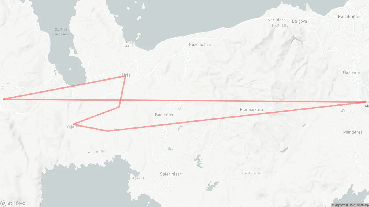 Route map for Urla Wine Route: Izmir Adnan Menderes Airport → Urla Winery → Iki Deniz Arasi Winery → USCA Winery → Urla → Perdix Winery