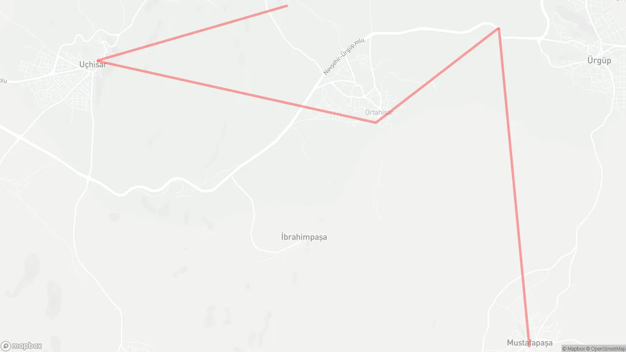 Route map for Walking a Week in Cappadocia: Mustafapasa Town → Urgup Fairy Chimneys → Ortahisar Castle → Uchisar Castle → Goreme Open Air Museum